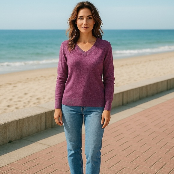 📌 Eddie Bauer Pink Marled V-Neck Lightweight Sweater Women’s Small Soft Knit - Picture 1 of 7